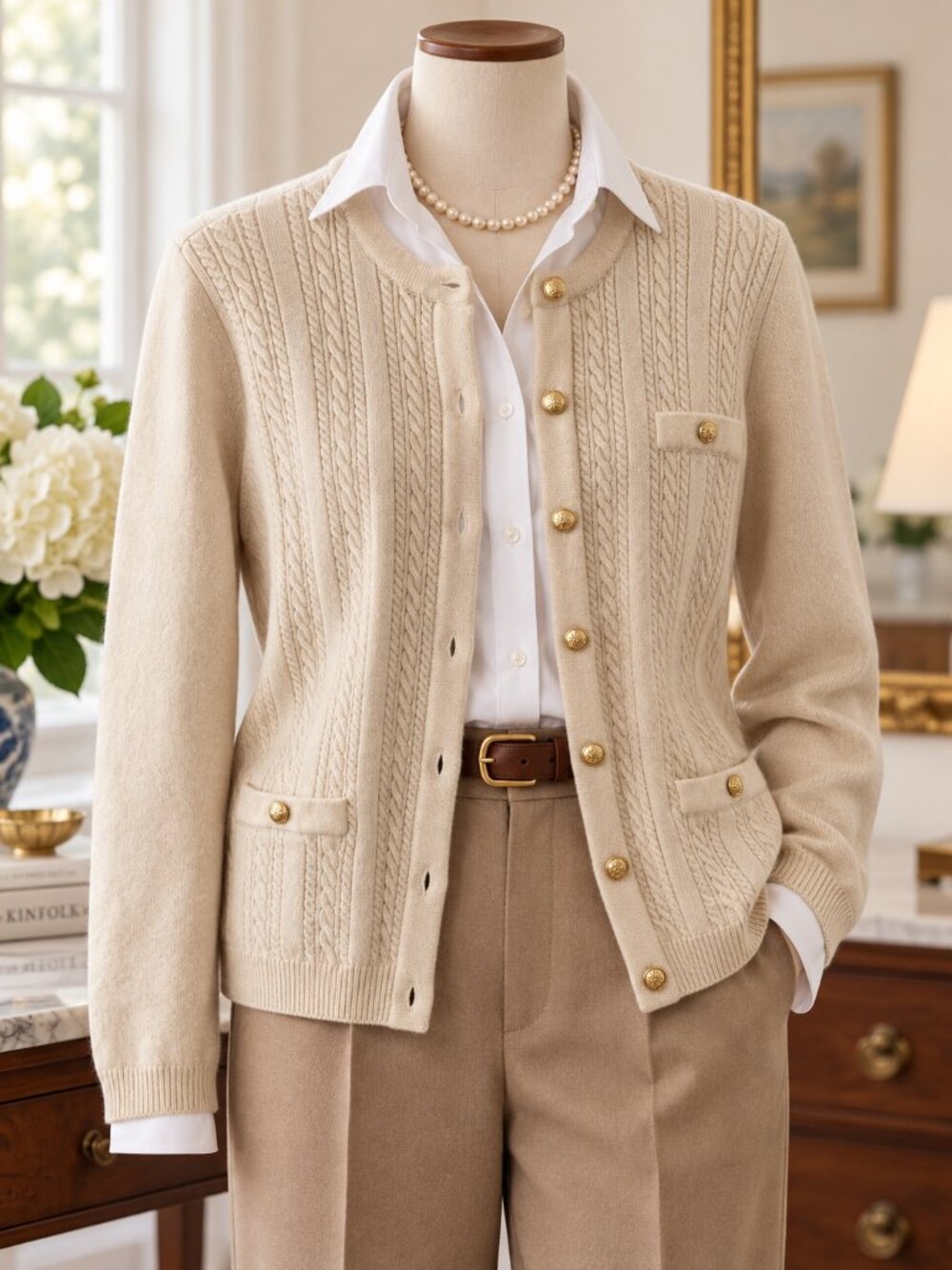 Old Money Vintage Talbots 100% Merino Wool Cable Knit Cardigan Cream Gold Button